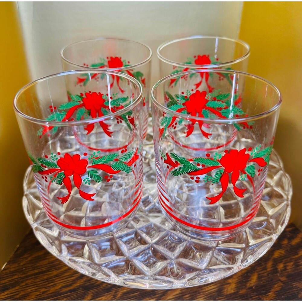 Vintage Libbey Christmas Rocks Glasses Set of 4, Pine Garland & Red Bow, 12oz